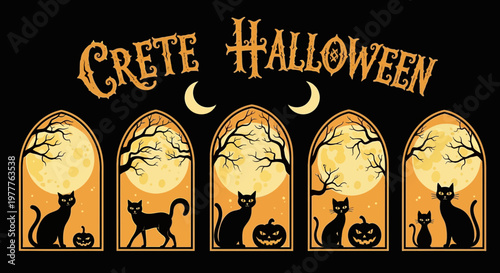 Crete Halloween Black Cats Pumpkins Moon Arches - Spooky Night Scene