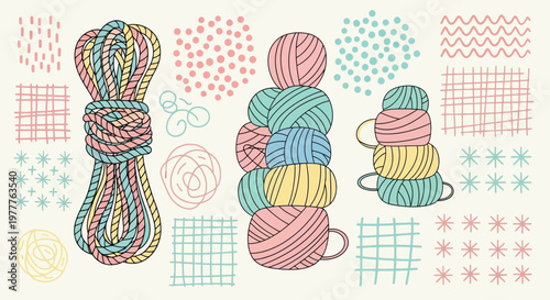 Hand-drawn yarn balls and rope, craft supplies, pastel colors, doodles, seamless pattern elements