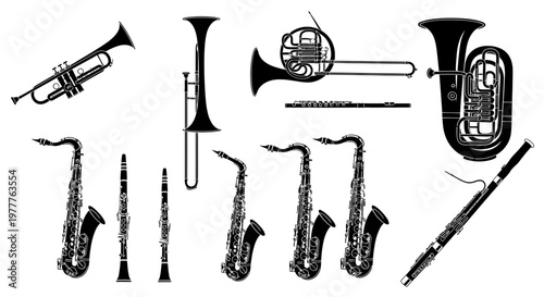 Collection of Musical Instruments Silhouette - Brass and Woodwind Instruments