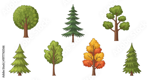Collection of Diverse Trees: Evergreen, Deciduous, Autumnal - Vector Illustration