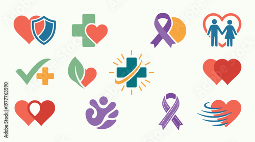 Collection of diverse health and medical icons representing care, protection, and well-being.