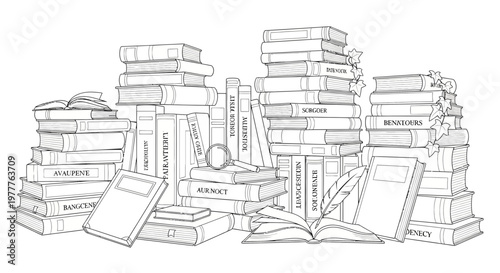 Stack of Books and Open Book with Quill Pen, Vintage Library Scene