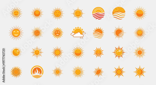 Sun Icons Collection: Summer Weather, Sunshine, Heat, and Energy Symbols