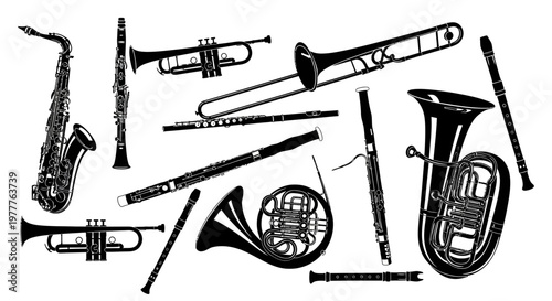 Collection of Musical Instruments Silhouette: Brass and Woodwind Instruments