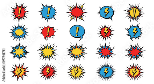 Explosion Comic Book Style Speech Bubbles with Lightning Bolt and Exclamation Marks