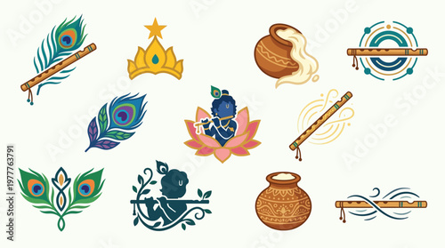 Divine Symbols of Lord Krishna Illustration Set with Peacock Feather, Flute Bansuri, Butter Pot Dahi Handi, and Royal Crown Hindu Spiritual Icon Collection