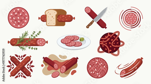 A diverse collection of salami and sausage products, showcasing various cuts, preparations, and artistic representations.