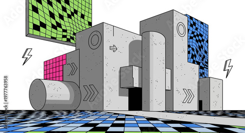 Futuristic abstract building with geometric patterns and lightning bolts