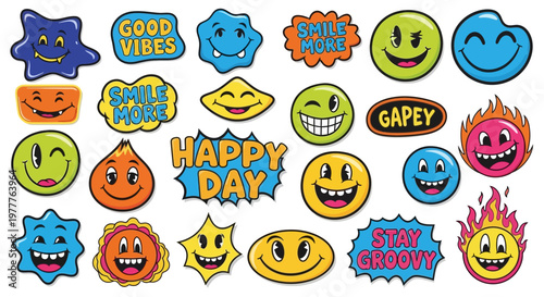 Retro Smileys and Positive Vibes Stickers: Happy Faces, Groovy, Good Vibes