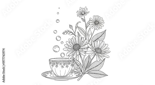 Hand-drawn sketch of a teacup with flowers and steam, vintage illustration