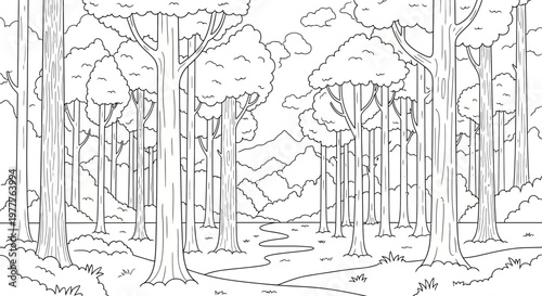 Enchanting Forest Path: Majestic Trees and Winding Trail Coloring Page