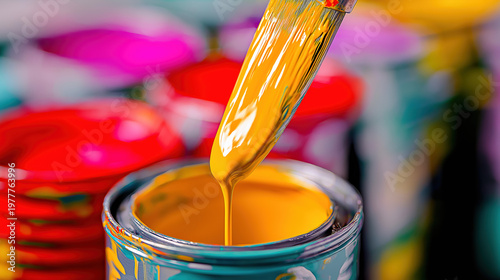 Close-up of a paintbrush dripping glossy paint over an open paint can with multiple paint cans blurred in background