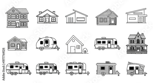 Hand-drawn Icons: Houses and RVs Collection - Vector Art