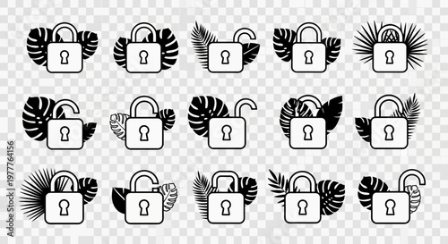 Set of Padlock Icons with Tropical Leaves: Security, Privacy, and Protection Concepts