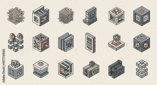 Isometric Pixel Art Icons: Abstract Geometric Shapes, Technology, and Futuristic Concepts