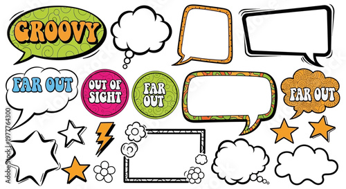 Retro Speech Bubbles with Groovy, Far Out, Out of Sight Sayings