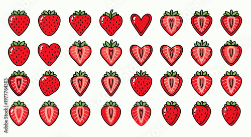 Strawberry Collection: Whole, Halved, Sliced, and Heart Shapes on White