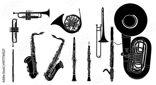 Silhouette Collection of Musical Instruments: Brass and Woodwind Instruments