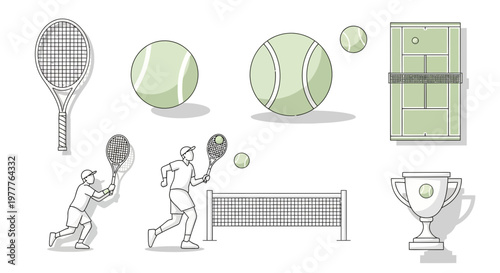 Tennis Sport Elements Collection: Players, Court, Racquets, Balls, Trophy, Net
