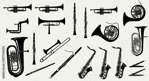 Vintage Musical Instruments Silhouette Collection: Brass and Woodwind Orchestra Ensemble