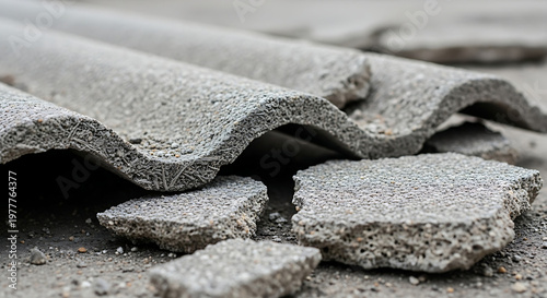 broken asbestos cement corrugated roofing sheets on the ground illustrating hazardous construction waste and demolition material.