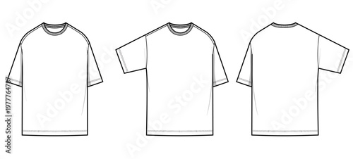  Short Sleeve oversize T-shirt Flat Sketch, Fashion Technical Drawing Front Back, Minimal Line Art Vector