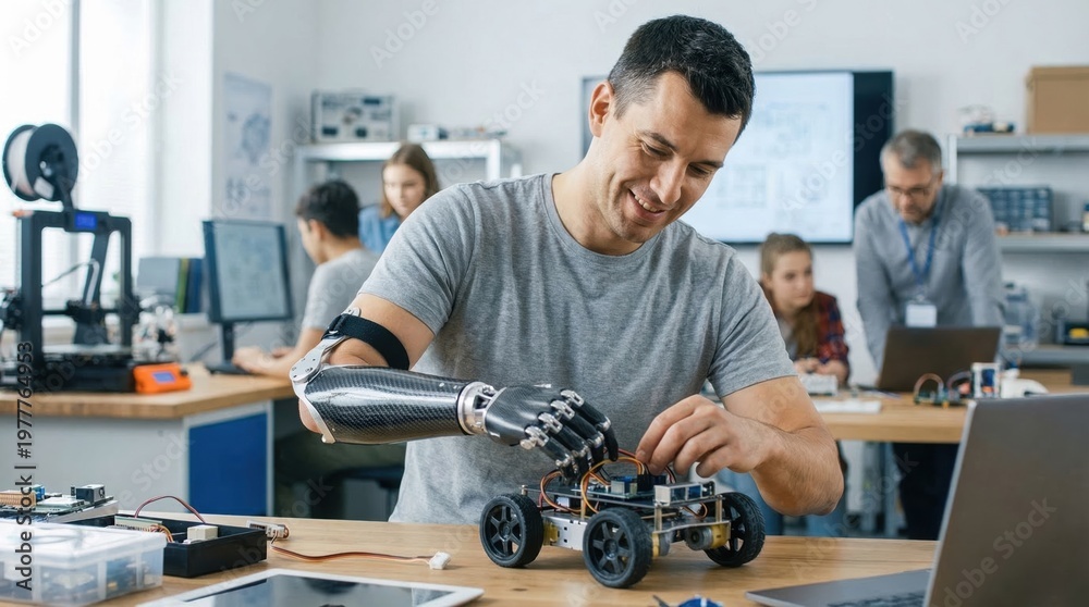 Obraz premium A cheerful engineer with a robotic arm meticulously assembles a small robot in a modern lab, showcasing creativity and technology in engineering education.