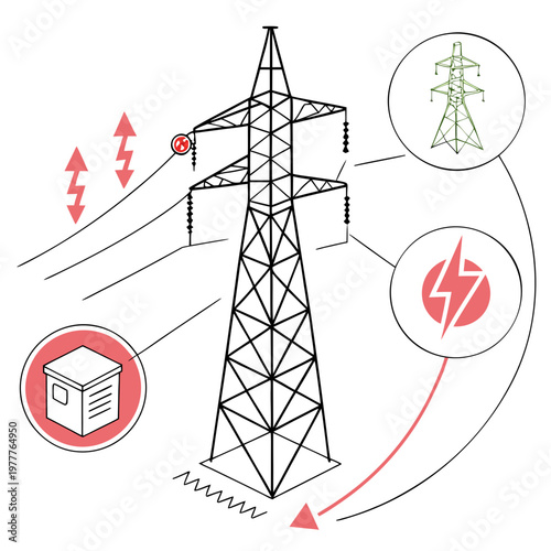 Electric power transmission tower energy flow substation vector illustration