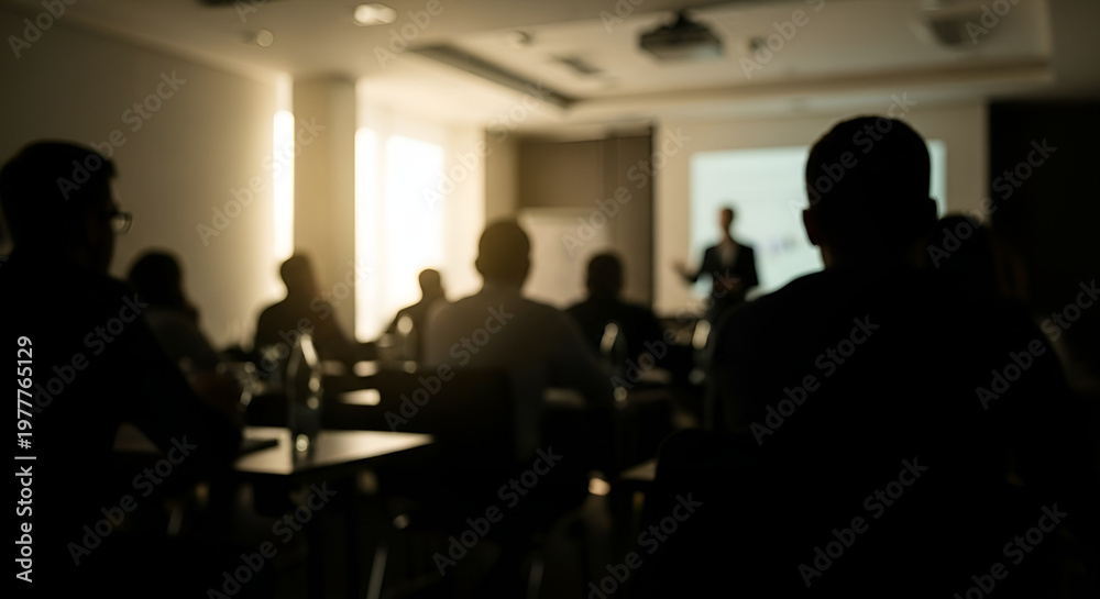 Fototapeta premium Blurred audience and speaker at a business conference or seminar presentation - professional event background