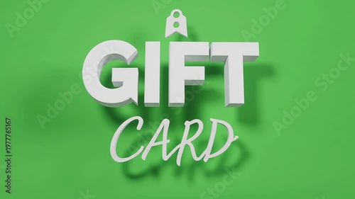 3D white text 'GIFT CARD' with a small tag icon above, casting shadows on a bright green background, representing a generic gift card concept.