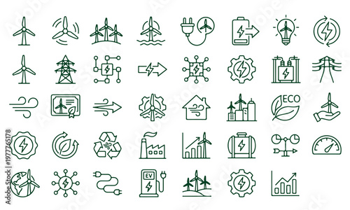 Collection of renewable energy and eco friendly technology icons isolated on transparent background