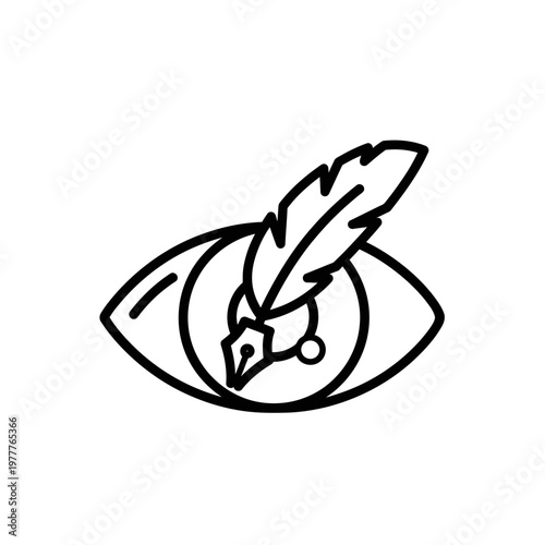Black outline icon depicts an eye with a feather quill pen. The pen sits inside the pupil