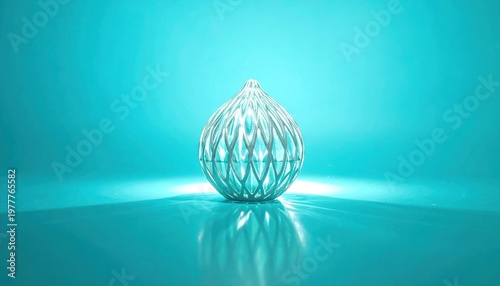 Shiny, teardrop-shaped object in focus, resting on reflective surface, against turquoise backdrop