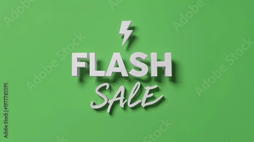 White 3D 'FLASH SALE' text with a lightning bolt symbol on a bright green background, indicating a limited-time offer or discount event.