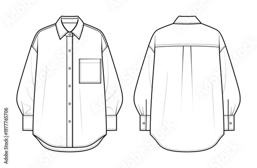 oversize shirt Flat Sketch, Fashion Technical Drawing Front Back, Minimal Line Art Vector