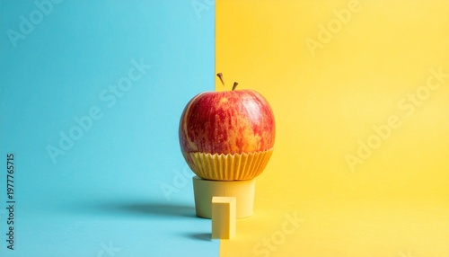 A red apple balances on yellow supports against a split blue/yellow background
