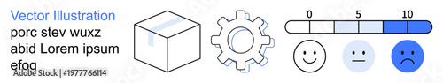 Data analysis, feedback evaluation, mechanics, design, user sentiment, preferences. Cube, gear rating scale and emotion faces aligned in a row. Data analysis and feedback evaluation