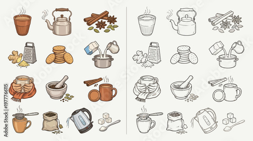 Detailed illustration of chai tea making process with ingredients and utensils in both colored and outline styles.
