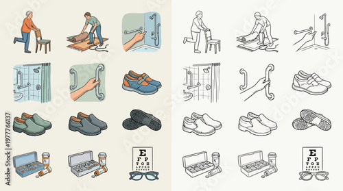 Illustrations showing daily living aids, home safety improvements like grab bars, various footwear, and health items such as medication and eye care, in color and outline styles.
