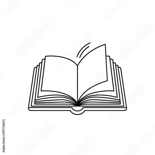 A line art illustration depicts an open book with pages fanning out, some are partially turning