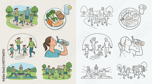 Illustrations depicting various healthy lifestyle activities including family jogging, playing, yoga, soccer, healthy eating, and hydration, shown in both color and line art.