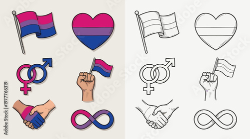 Collection of bisexual pride symbols including flags, hearts, gender signs, fists, handshakes, and infinity signs in color and outline.