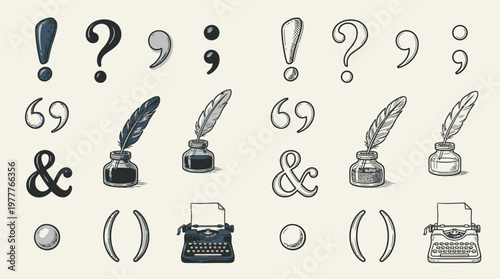 A collection of vintage writing and punctuation symbols with quill pens, inkwells, and a typewriter in two distinct styles.