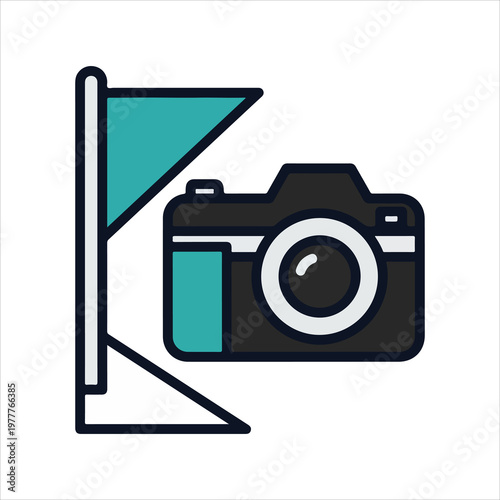 Camera and Flag Icon Representing Photography and Location.