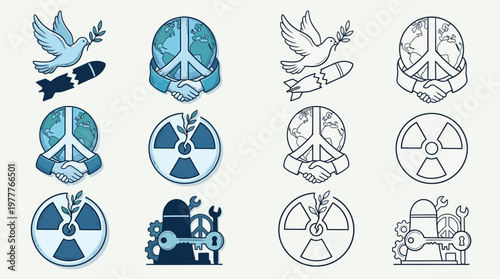 A collection of peace, anti-war, nuclear, and industry-themed icons in blue tones and outline styles.