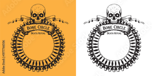 Human Skull on Spine Bone Circle, Death Ritual Bone Circle Macabre Emblem