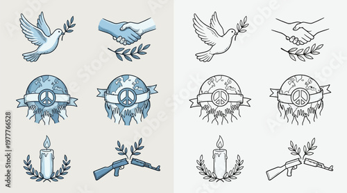 A collection of peace and conflict resolution symbols, including doves, handshakes, globes, candles, and crossed rifles with olive branches, presented in both colored and outline styles.