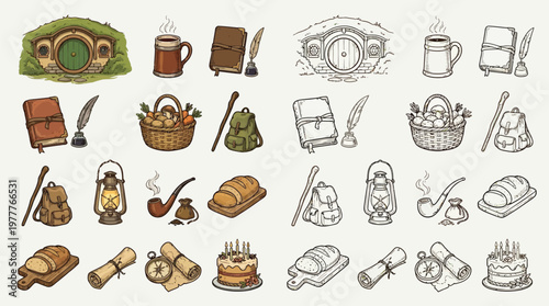 A collection of fantasy-themed illustrations featuring hobbit holes, rustic items, food, and travel gear, presented in both vibrant color and detailed outline styles.