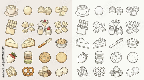 A collection of various sweet and savory food items, including desserts, snacks, and breakfast foods, presented in both colored and outline vector illustrations.