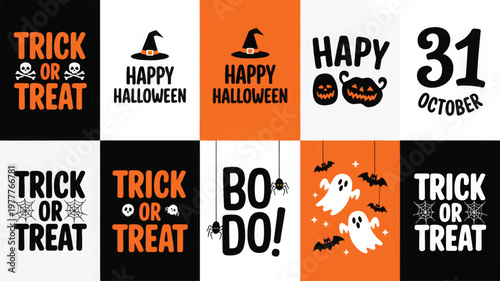 Collage of halloween themed featuring trick or treat, pumpkins, and ghosts keywords: halloween, trick or treat, happy